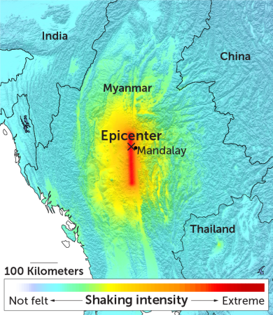 Carte de l'intensité des secousses du séisme au Myanmar, épicentre près de Mandalay.
