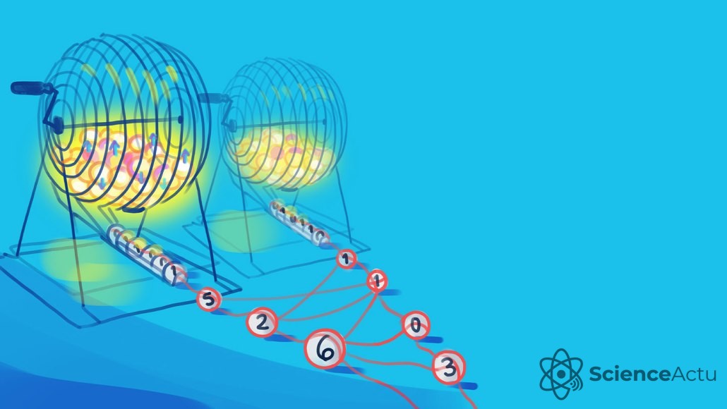 Illustration montrant des boules numérotées sortant de deux cages métalliques utilisées pour des tirages aléatoires.