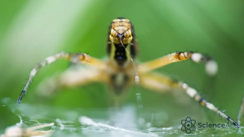 Gros plan sur une araignée de jardin européenne montrant de la soie sortant de sa filière