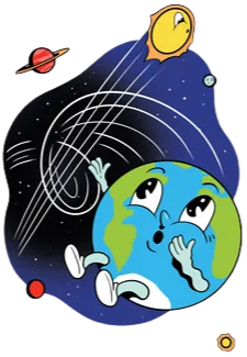 Illustration humoristique montrant une Terre anthropomorphe projetée au loin alors qu'une étoile passe à toute vitesse.