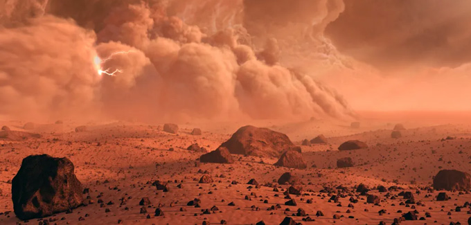 Illustration artistique de nuages et d'un éclair au-dessus de la surface rocheuse rouge de Mars.