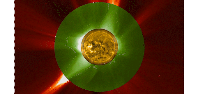 Animation montrant le soleil au centre, entouré d'une section verte puis d'une zone rouge, illustrant une éjection de masse coronale.