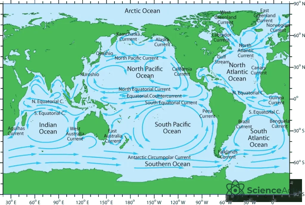 Carte des courants de surface et de la circulation globale de l’océan