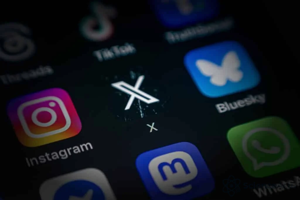 Logos des réseaux sociaux X, Meta et TikTok sur fond de code binaire