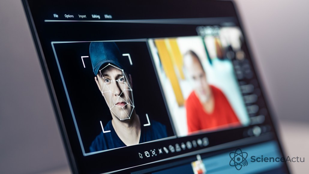 Écran d'ordinateur montrant le processus de création d'un deepfake avec transfert de visage
