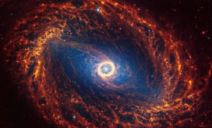 Image du télescope James Webb montrant une galaxie spirale NGC 628 avec un centre bleu profond et des bras magenta