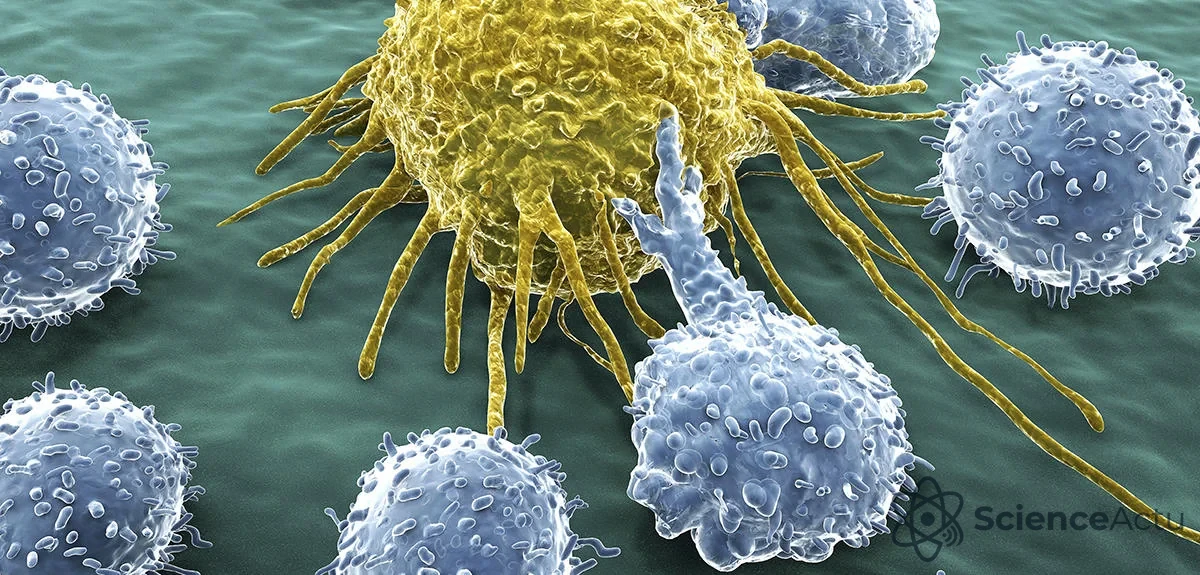 Lymphocytes T cytotoxiques attaquant une cellule cancéreuse au microscope électronique