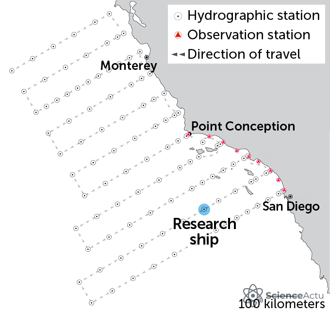 Carte de 113 stations réparties en grille au large de la côte californienne entre San Francisco et San Diego.