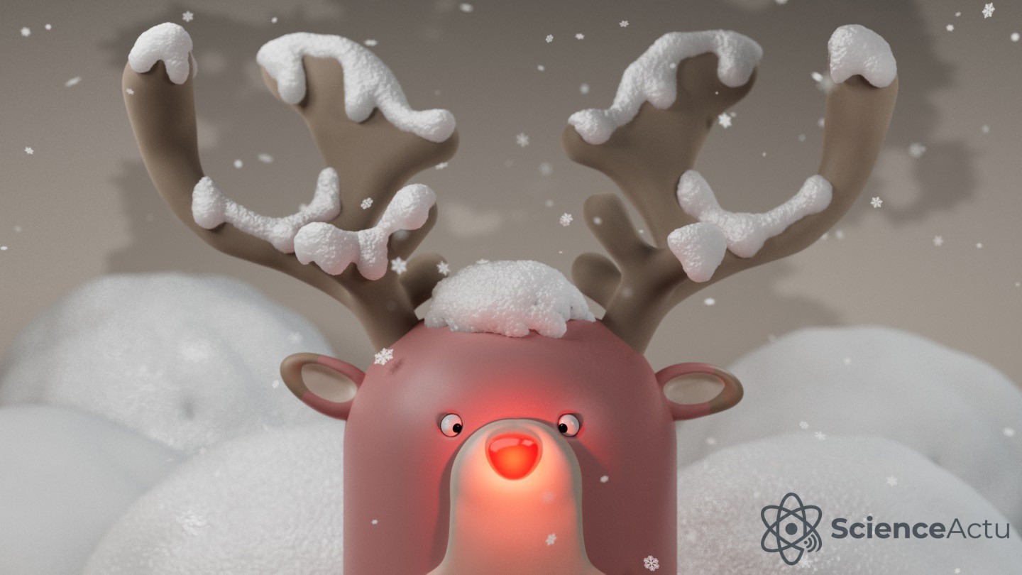Illustration d'un renne recouvert de neige avec le nez allumé en rouge