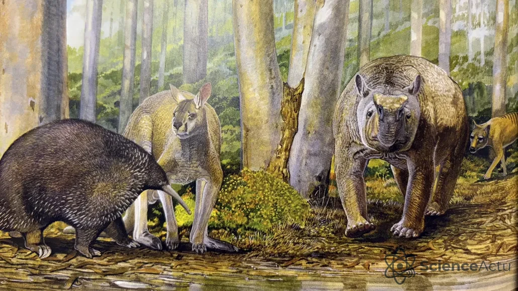 Illustration de la mégafaune australienne ancienne dans une forêt