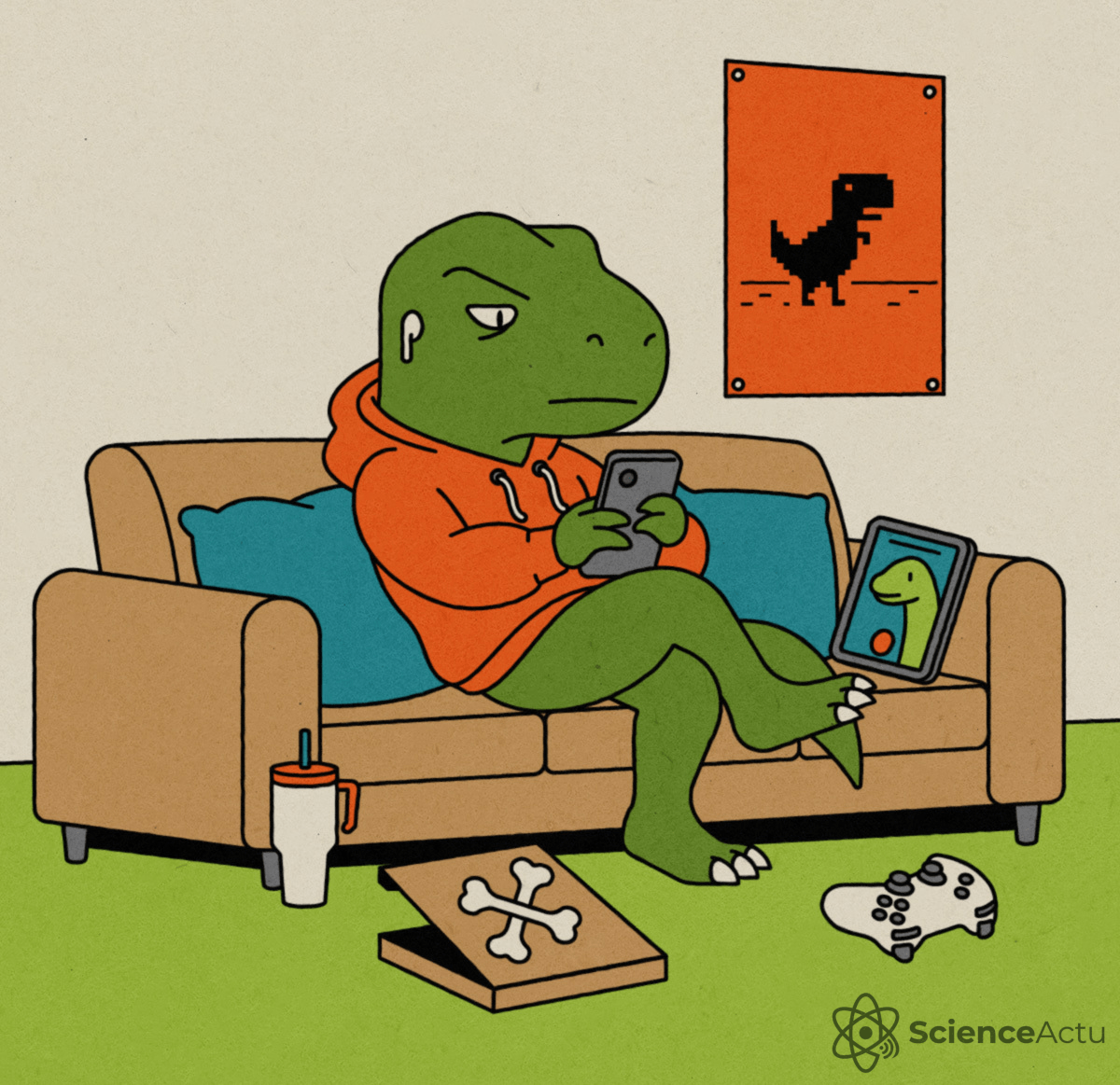Illustration humoristique d'un T. rex adolescent portant un sweat à capuche orange, assis sur un canapé avec un téléphone et une boîte de pizza.