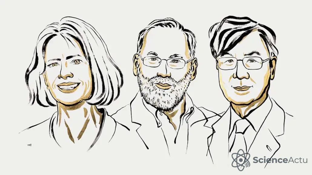 Croquis des trois lauréats du prix Nobel de physiologie ou médecine 2025 : Mary Brunkow, Fred Ramsdell et Shimon Sakaguchi.
