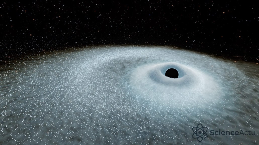 Illustration d'un trou noir sphérique entouré d'un disque de débris stellaires scintillants.