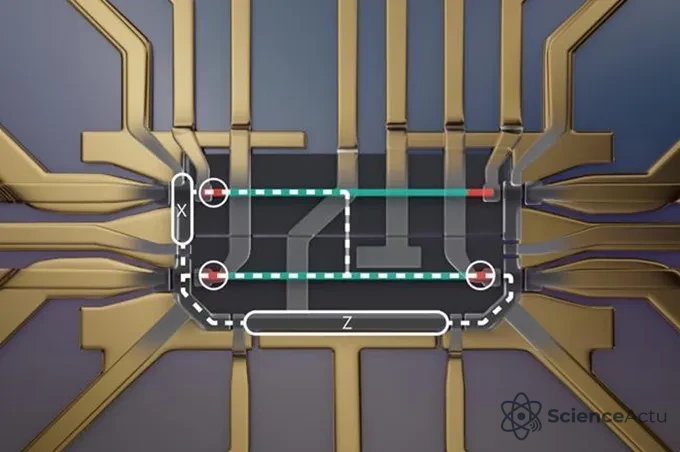 Rendu informatique d'un qubit en forme de H avec des points quantiques
