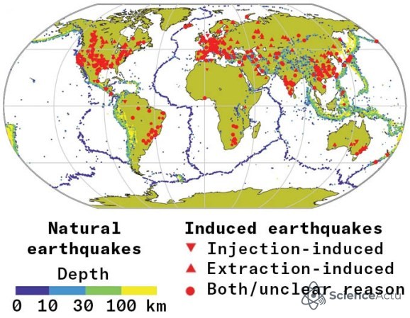 Carte mondiale montrant la localisation des séismes naturels par profondeur et des séismes induits par des symboles différents.