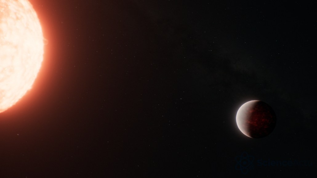 Illustration d'une planète rocheuse en orbite proche autour d'une étoile rougeoyante sur fond sombre.