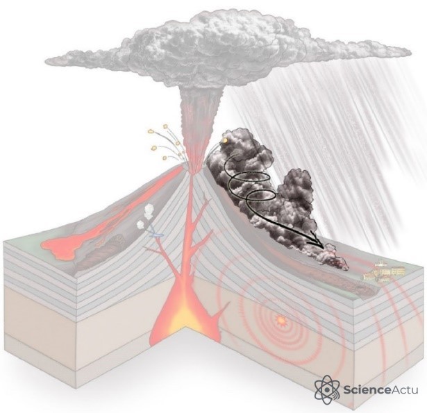 Schéma d'une éruption volcanique montrant la chambre magmatique et la cheminée