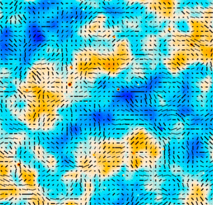 Visualisation des variations de température du fond diffus cosmologique et de sa polarisation, avec un motif de taches bleues et jaunes.