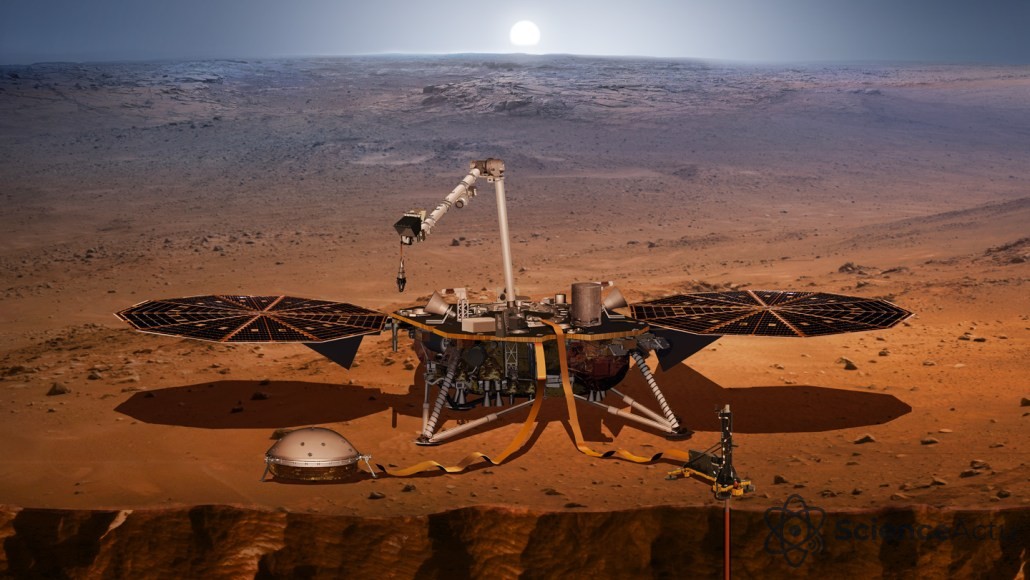 Illustration de l'atterrisseur InSight de la NASA posé à la surface de Mars avec ses instruments déployés