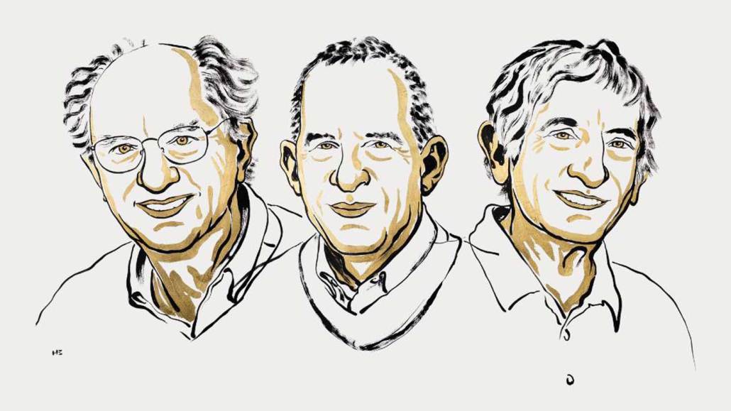 Illustration des lauréats du Prix Nobel de physique 2025 John Clarke, Michel Devoret et John Martinis