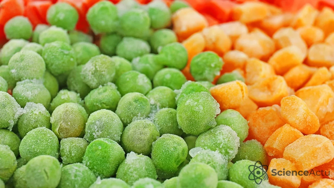 Légumes surgelés frais avec cristaux de givre montrant la conservation des nutriments