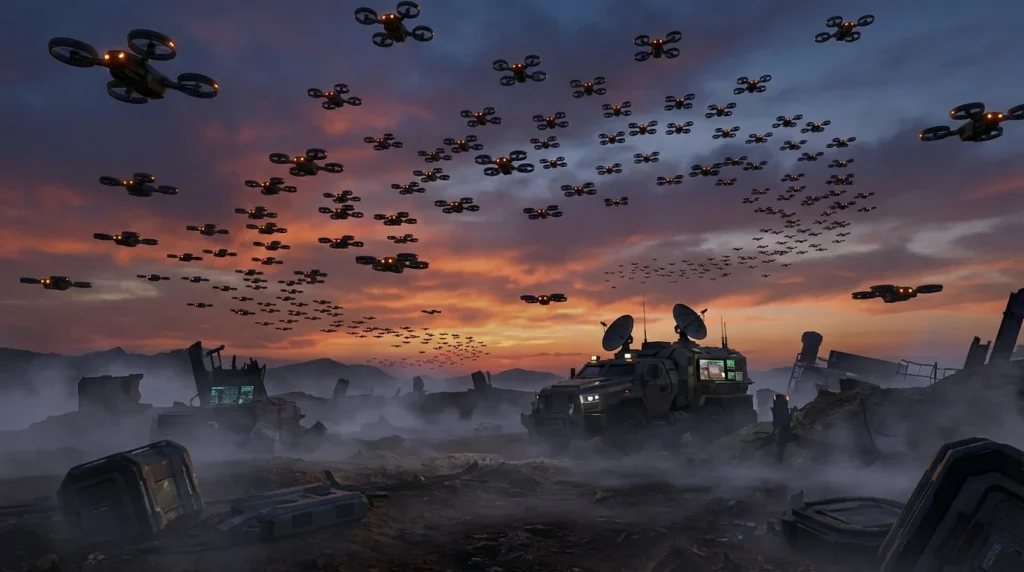 essaim de drones militaire - Essaims de drones : quand l&rsquo;IA coordonne des centaines de machines