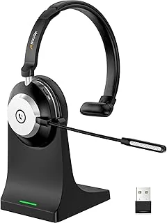 Casque Bluetooth sans fil avec microphone pour PC, casque d'ordinateur V5.2 avec micro antibruit, dongle USB, base de charge et bouton muet pour le travail, les téléphones portables, les ordinateurs