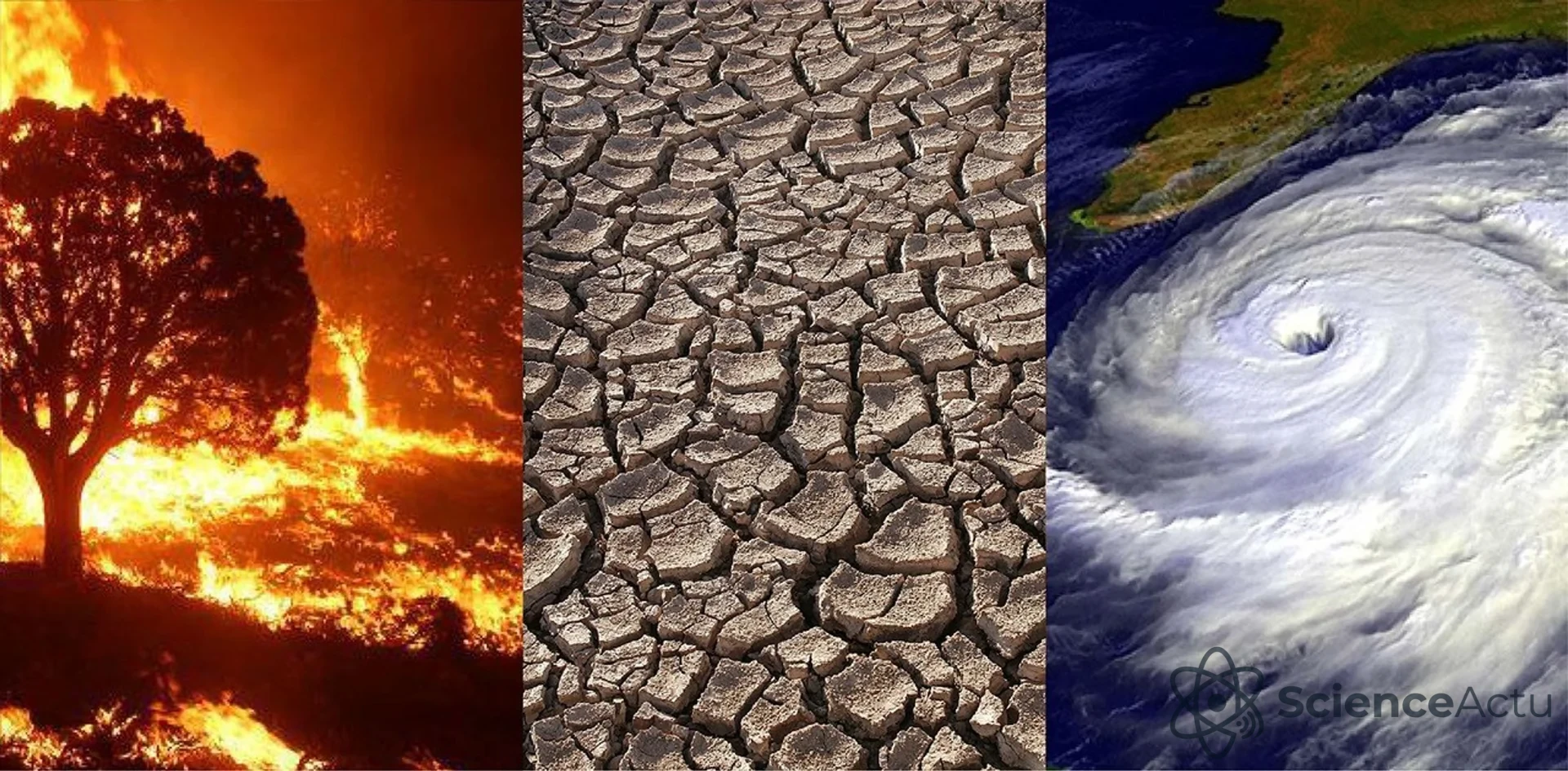 Montage illustrant les impacts extrêmes du climat : sécheresse sévère, inondations dévastatrices et fonte des glaciers