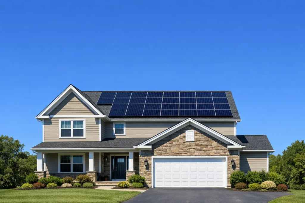 Maison moderne avec toiture en panneaux solaires pour l'indépendance énergétique