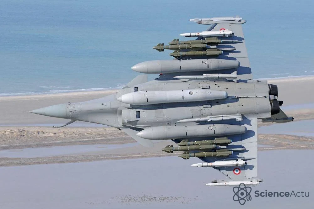 Avion de chasse Rafale Marine équipé de munitions complexes lors d'un exercice