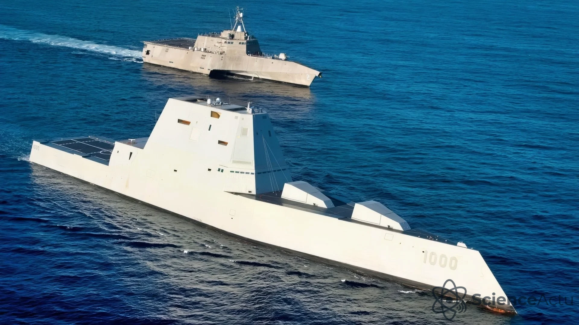 Le destroyer furtif USS Zumwalt de l'US Navy en mer