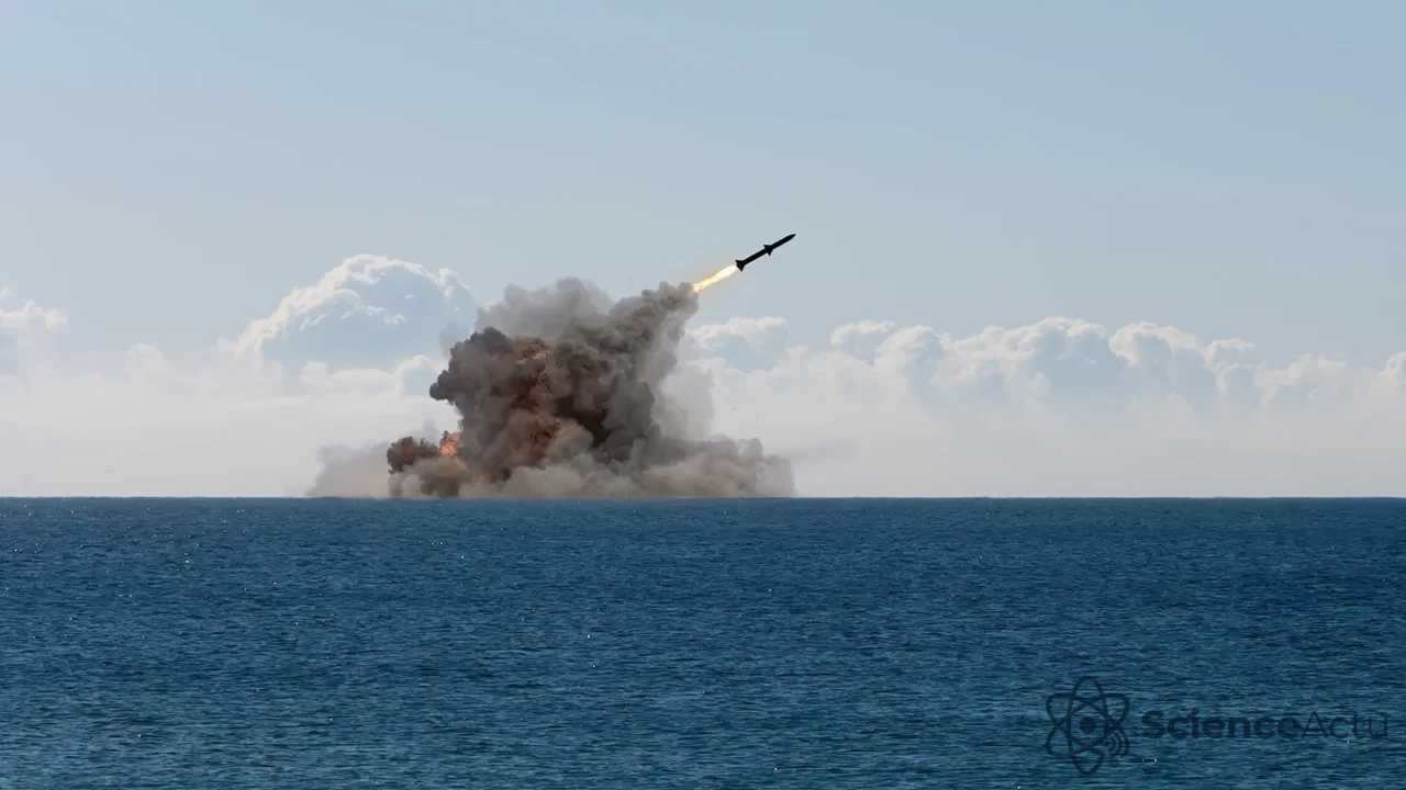 Représentation d'un lancement de missile balistique mer-sol depuis un sous-marin en plongée