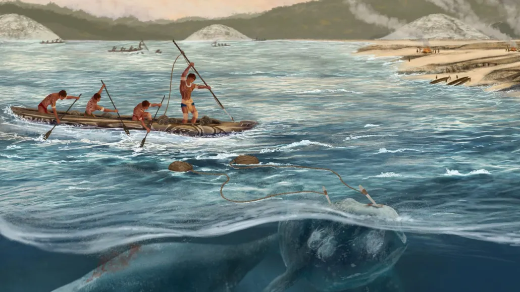 Illustration de chasse à la baleine préhistorique au Brésil