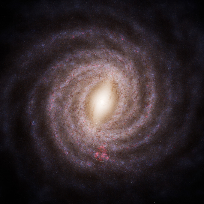Vue de face de la Voie lactée spirale. Une région encerclée montre où les pouponnières d'étoiles ont été cartographiées en 3D.