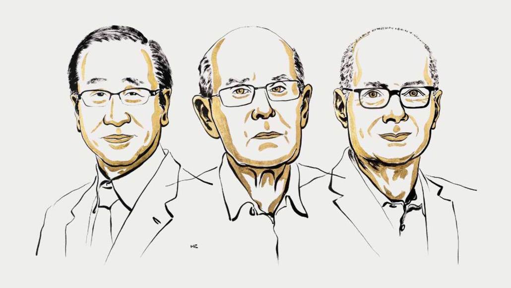 Illustration des lauréats du prix Nobel de chimie 2025 : Susumu Kitagawa, Richard Robson et Omar Yaghi