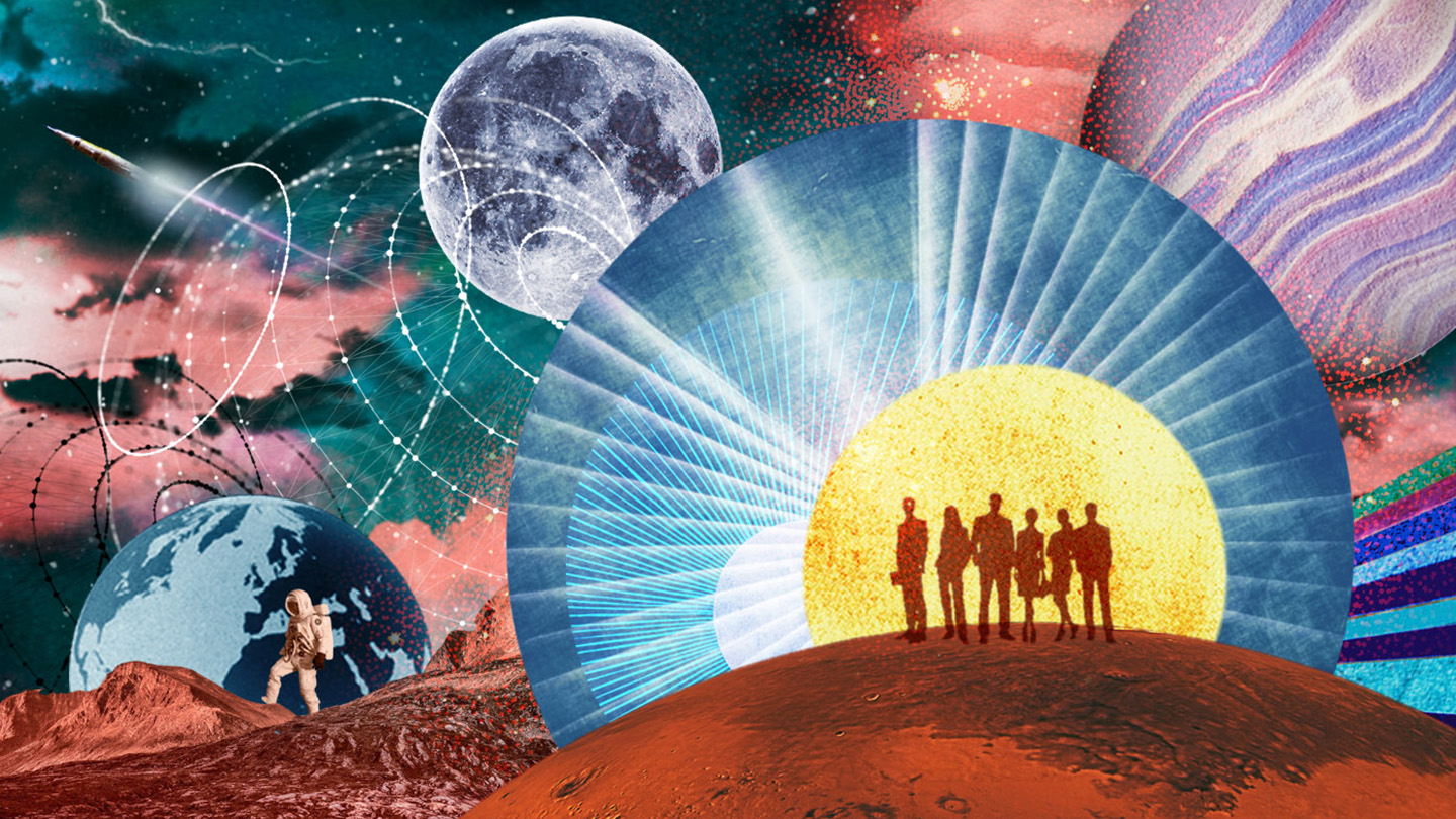 Illustration de scientifiques et d'astronaute entourés de planètes