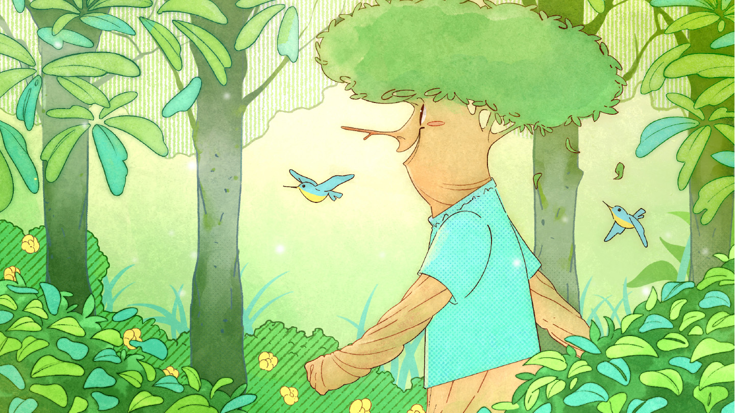 Illustration d'un arbre anthropomorphe marchant dans une forêt.