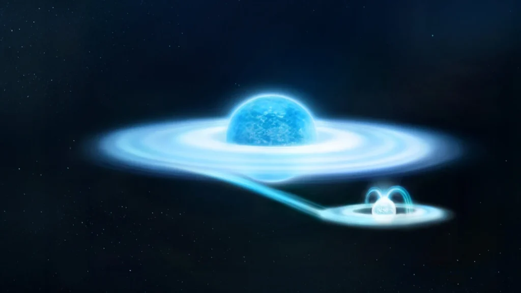 Illustration de gamma-Cas et de sa compagne naine blanche responsable des rayons X