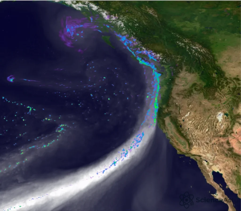 Illustration d'une rivière atmosphérique transportant de l'humidité vers une côte