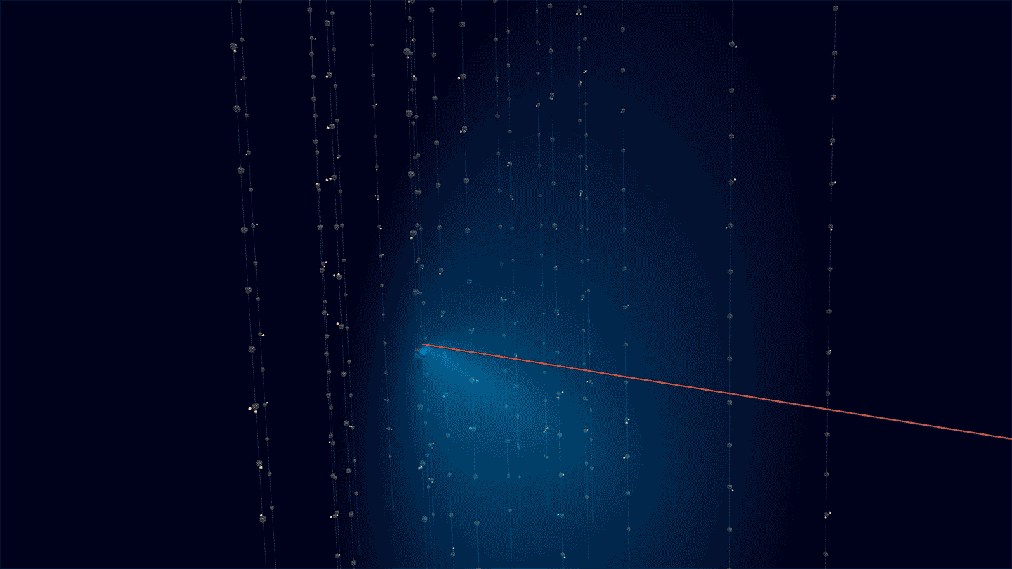 Animation de la détection d'un muon produit par un neutrino cosmique dans KM3NeT