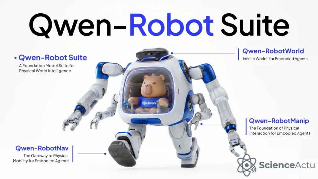 Visuel officiel publié par Alibaba le 15 juin 2026 pour présenter la Qwen-Robot Suite : trois briques RobotNav, RobotManip et RobotWorld articulées autour d'un pilotage par langage naturel.