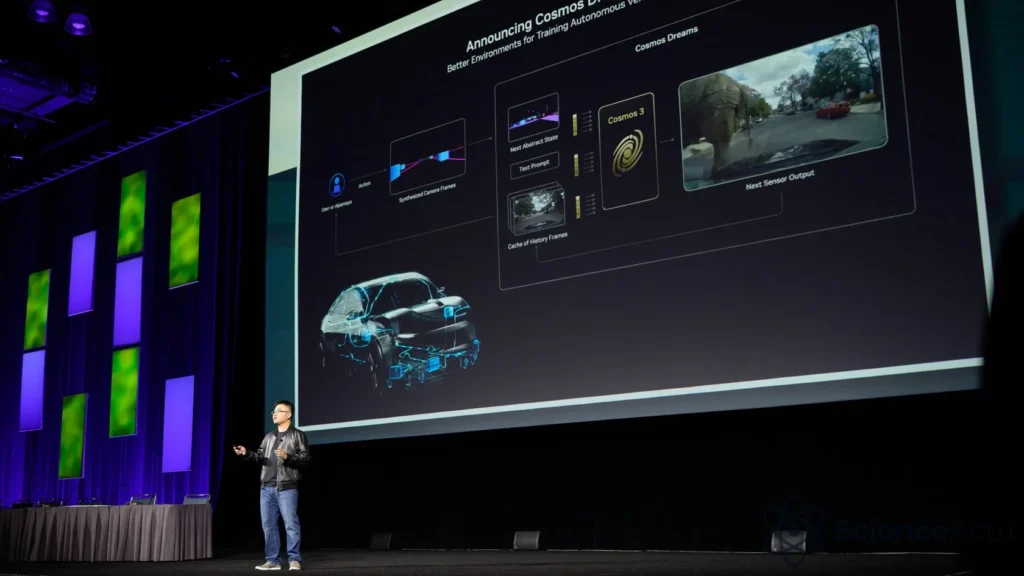Écran de présentation SIGGRAPH 2026 consacré à la simulation et à l’intelligence artificielle