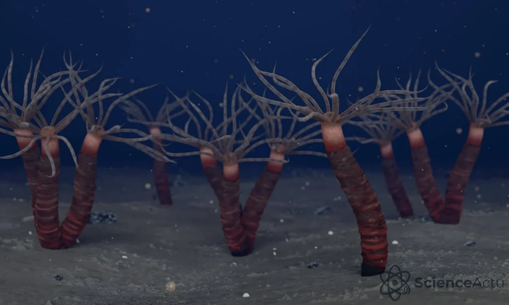 Représentation de Paleocanna tentaculum, polype tubulaire fossile de l'Ordovicien