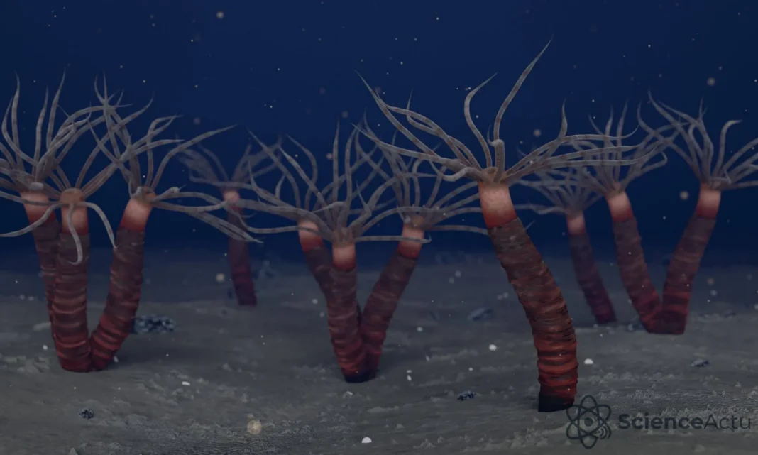 Représentation de Paleocanna tentaculum, polype tubulaire fossile de l'Ordovicien