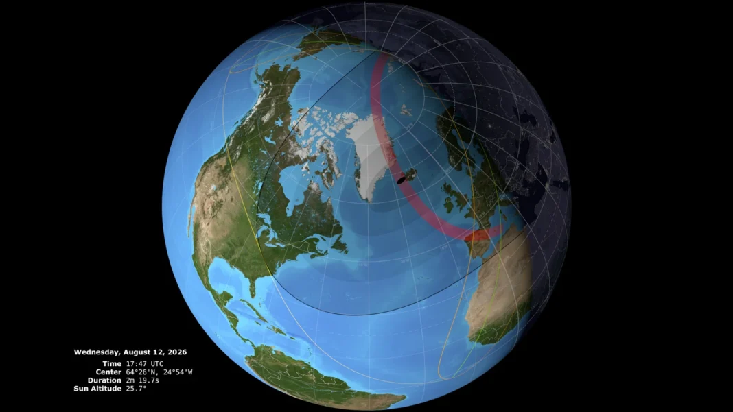 Carte NASA de l’éclipse solaire du 12 août 2026 montrant la bande de totalité et les zones de visibilité partielle