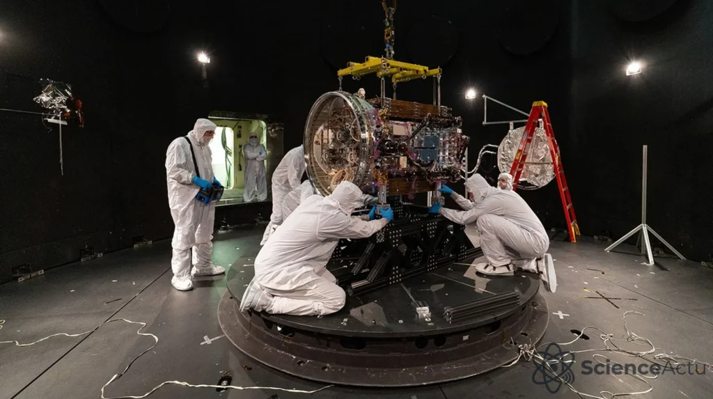 Des personnes en combinaisons blanches travaillent autour d’un engin spatial dans une grande chambre sombre, sous un dispositif de levage jaune.