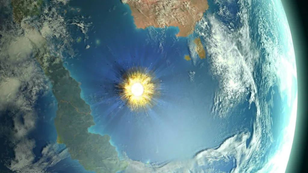Illustration de l’impact d’un astéroïde sur la Terre dans la région du Yucatán.