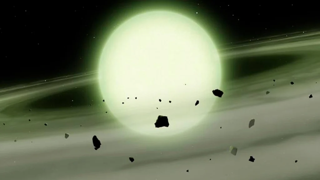 Illustration d’une naine blanche à l’éclat vert.