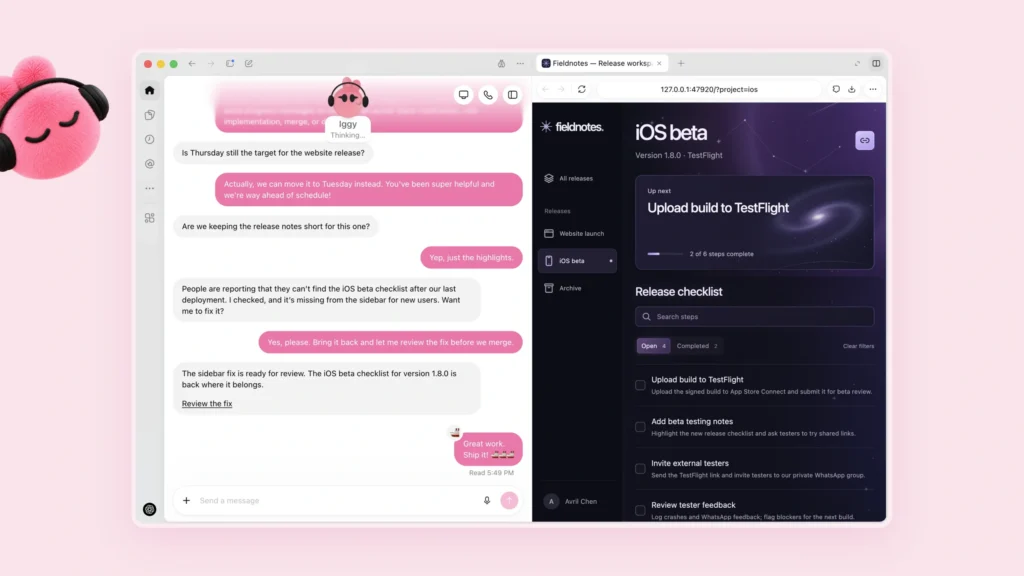 Interface d’un Dot nommé Iggy, avec une conversation à gauche et une liste de tâches pour une version iOS à droite.