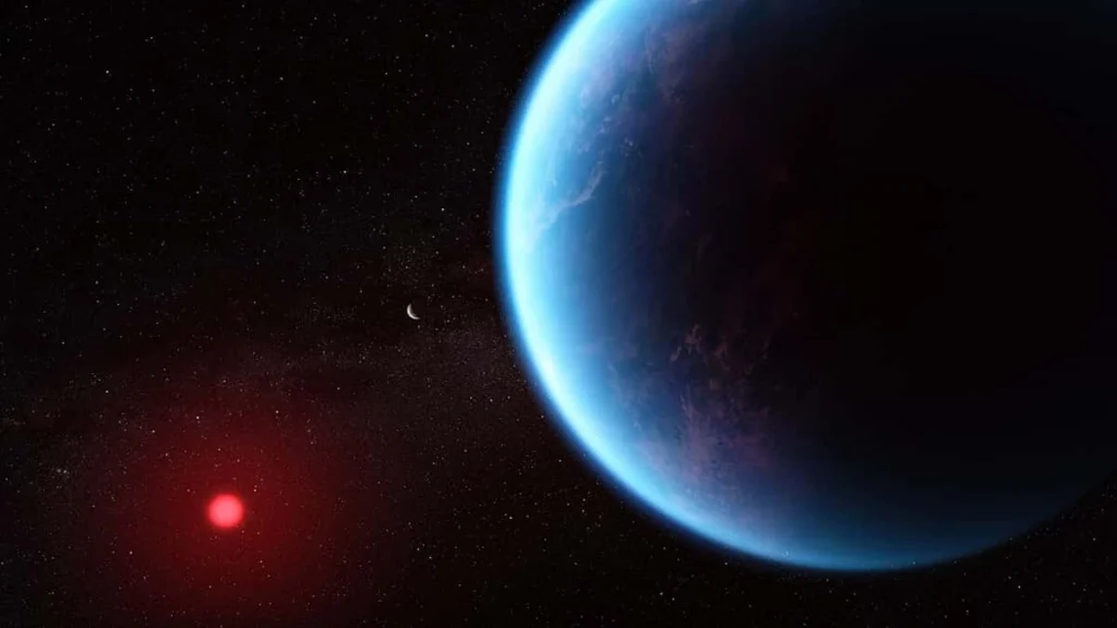 Illustration d’une exoplanète, identifiée comme K2-18b dans la page source.